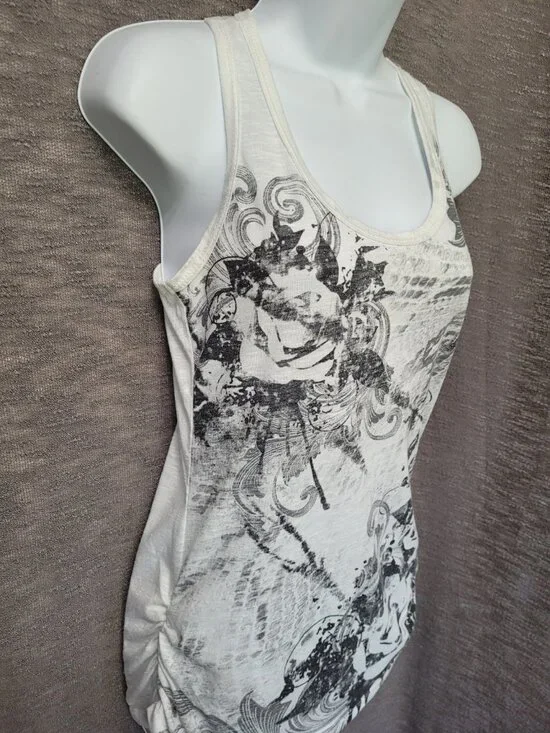 Y2K Girly Grunge Gray Rose Graphic Tank Top Sleeveless Racerback Boho Ruched - Picture 10 of 16